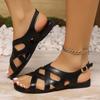 Fashion Black Pu Leather Flats Rome Sandals Women Summer Cross Straps Open Toe Beach Sandles Woman Lightweight Soft Sole Sandalias 36-43
