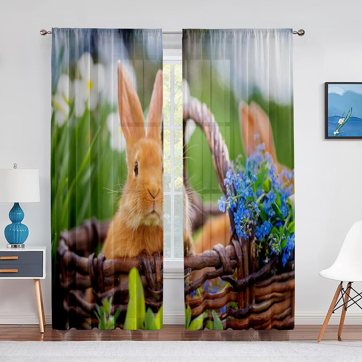 Прозрачные шторы с милыми котами и кроликами и маленькими животными для гостиной — фото 5