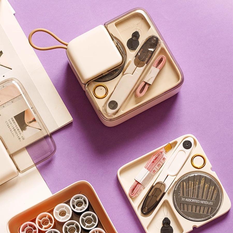 Elegant Portable Sewing Box with Needles, Threads, and Storage