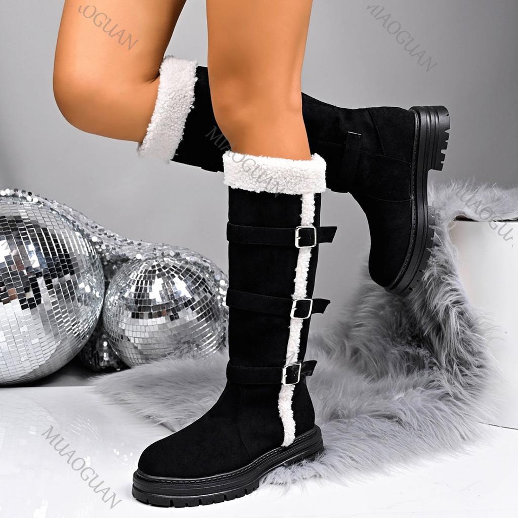 Móda Zima Nové Teplé Sněhule Dámské Pohodlné Plyšové Bavlněné Boty Spona na Pásek Ke Kolenům Kožešinové Všívání Boty Dámské Boty s Tlustým Podpatkem
