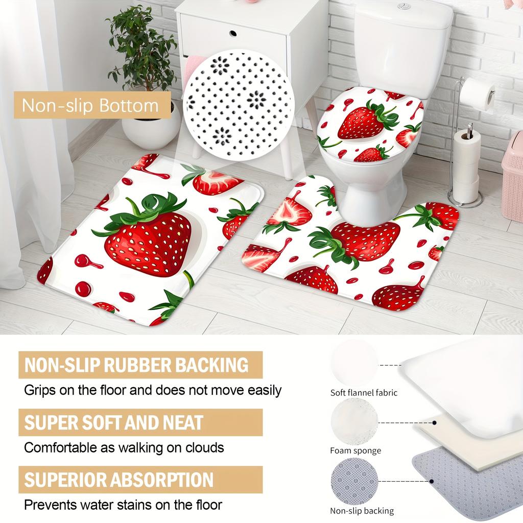 4Pcs Strawberry Shower Curtain Set with Non-Slip Bath Mat, Toilet Lid Cover, Contour Rug & 12 Hooks, Bathroom Decor