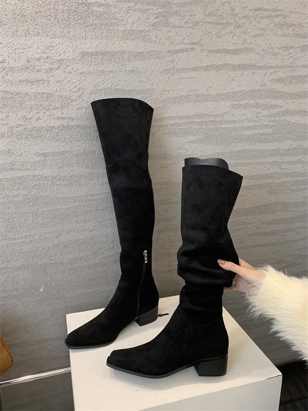 2025 Autumn and Winter New Square Head Thick Heel Simple Versatile Zipper High Boots