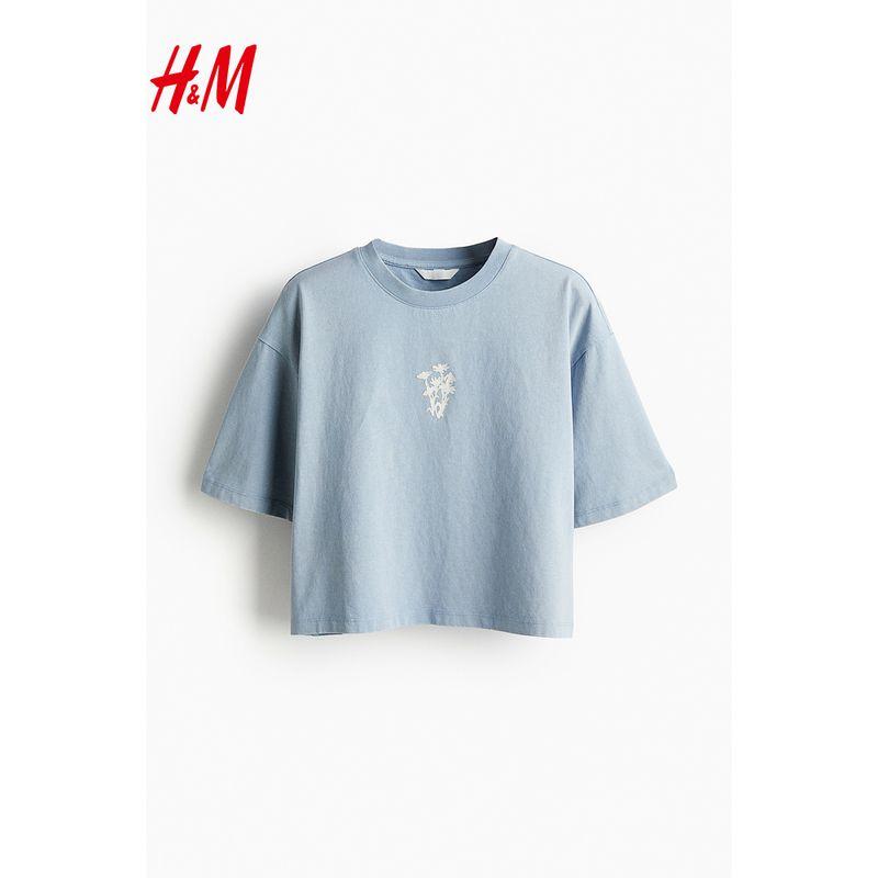 

HM Women s T-shirt Summer Large Profile Print round Neck Straight-leg Hem Short Sleeve Tops 1233308 Light Blue 170/104A(L)