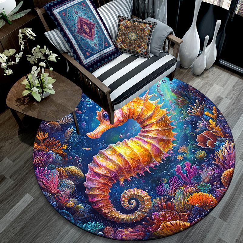 Seahorse Round Area Rug,Carpet Rug for Living Room Bedroom Sofa Playroom Decor,Non-slip Floor Mat