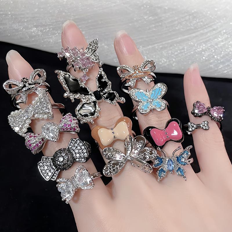 [Butterfly Jewelry] Oil Dripping Butterfly Open Ring Full Of Diamonds Zircon Fashion French High Sense Ring