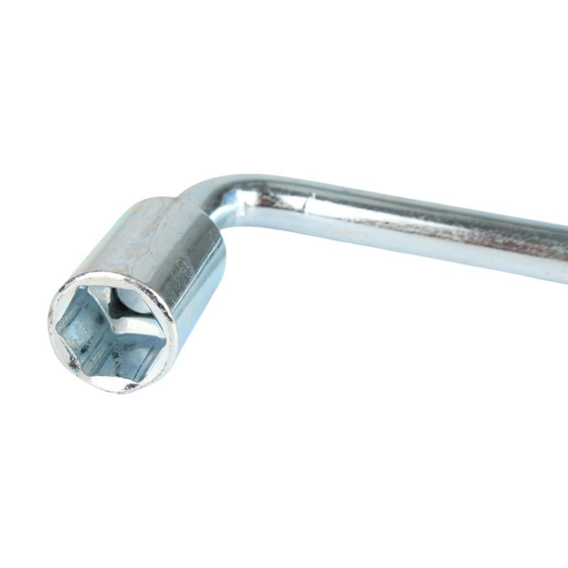 Manual Travel Trailer Stabilizer Jacks Crank Handle with Hexagonal Socket End, Angled Iron Shaft, and Ribbed Grip for Raising or Lowering Stabilizer