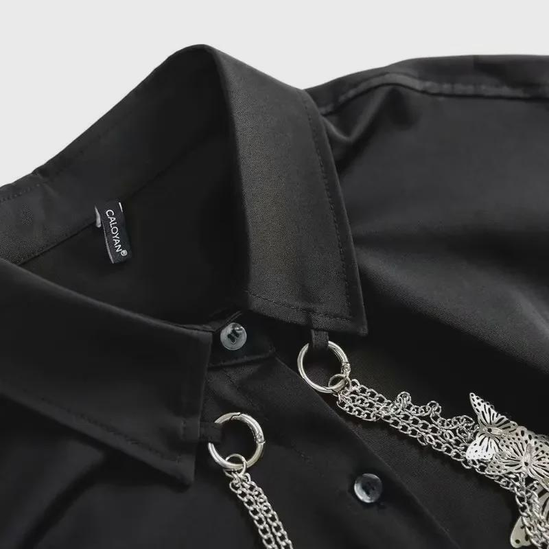 Men's Hong Kong Retro Asymmetrical Long-Sleeve Chain Hip-Hop Shirt