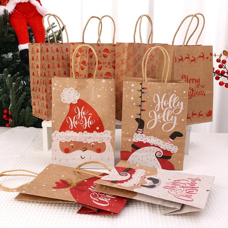 20/1x Joyful Christmas Kraft Paper Reusable Candy Toys Pouch Party Decor Packing Presents Handbag Santa Claus Reindeer Snowflake