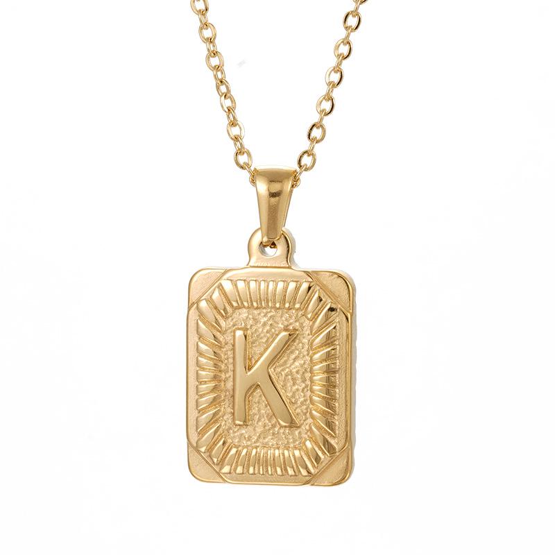 Men's 18K Gold Stainless Steel Square Pendant Necklace with Titanium Steel Uppercase English Letters