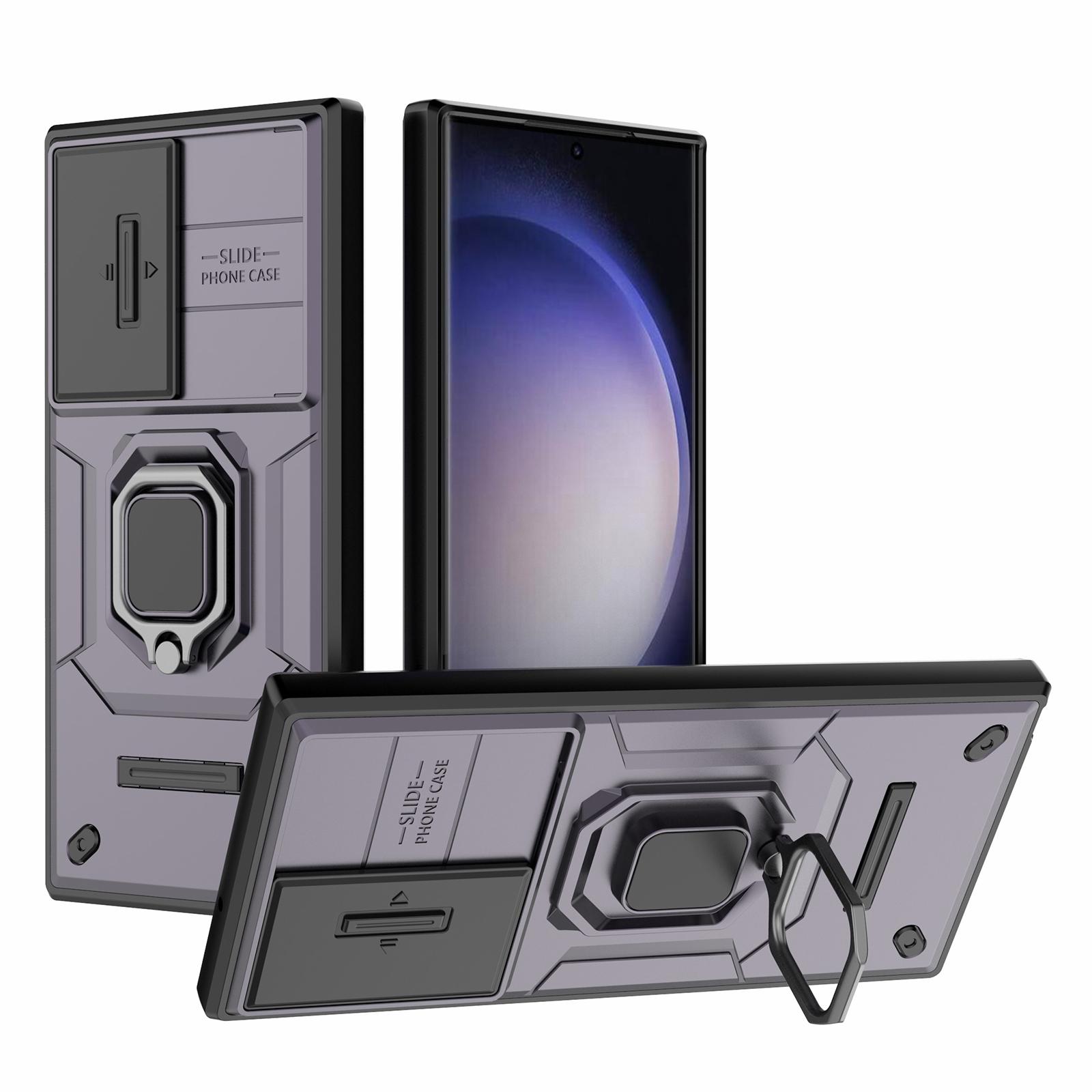 

For Samsung Galaxy S23 Ultra PC+TPU Shockproof Phone Case Slide Lens Protection Kickstand Cover Purple