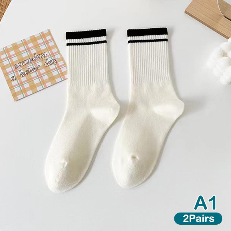 2Pair Socks Solid Color Striped Socks Casual Cotton Sports Socks