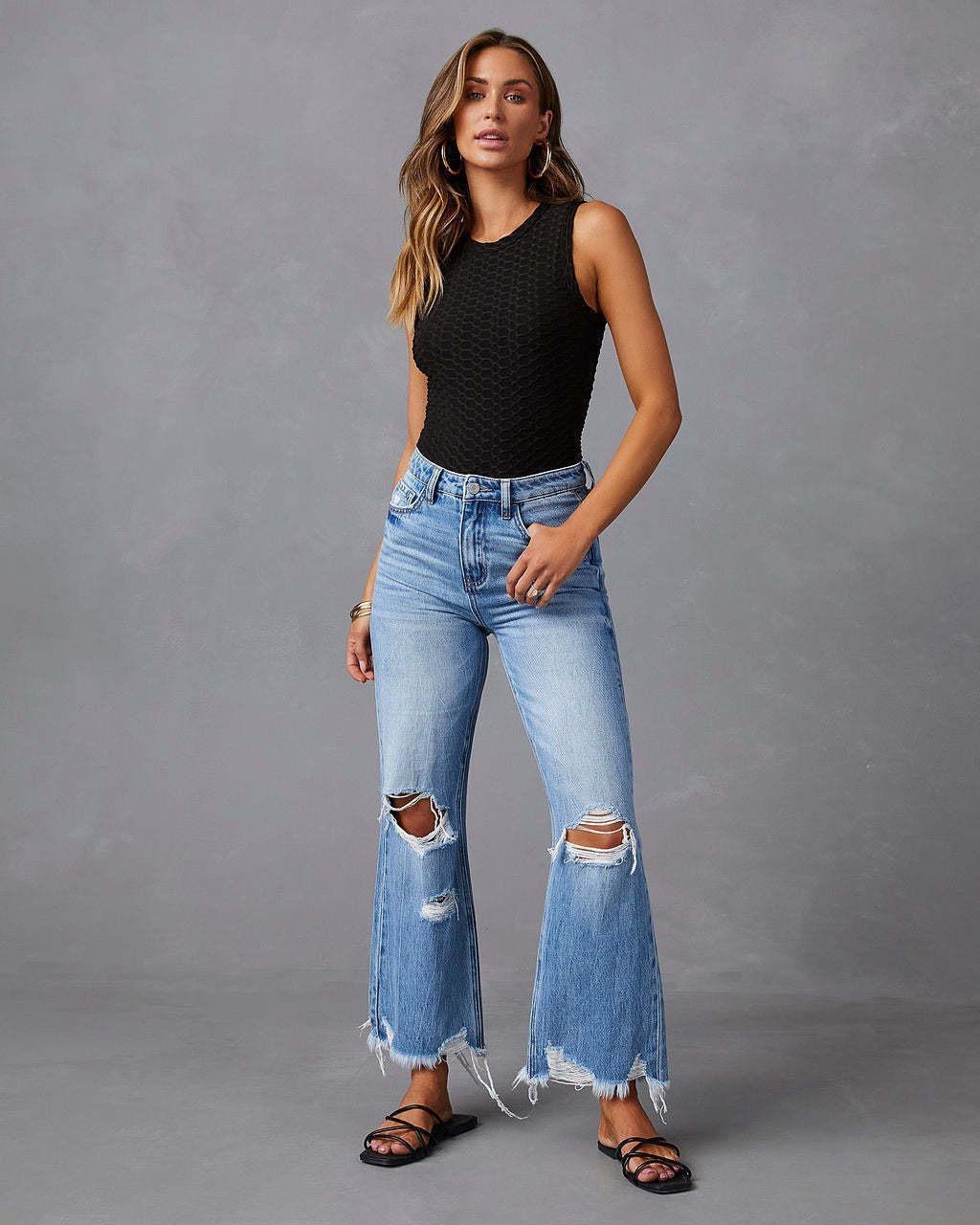 Plus Size Ripped Fringed Washed Wide-Leg Women s Jeans Small