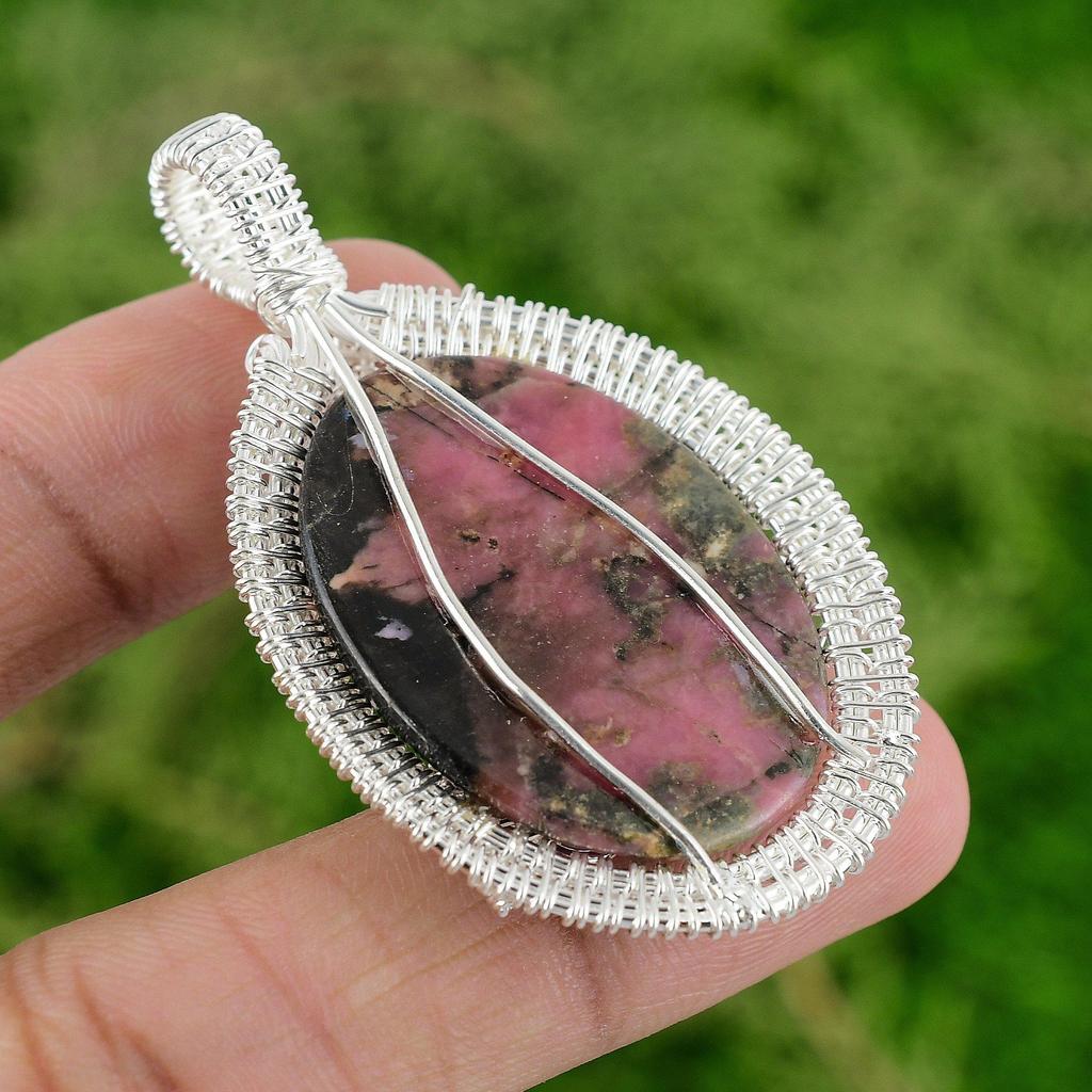 Daughters Day Sale 925 Silver Natural Rhodonite New Wire Wrapped Artisan Pendant