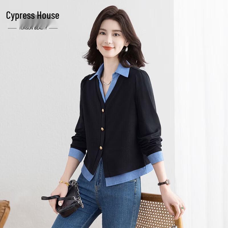 Women s Faux Two-Piece Patchwork Colorblock Long Sleeve Blouse M
