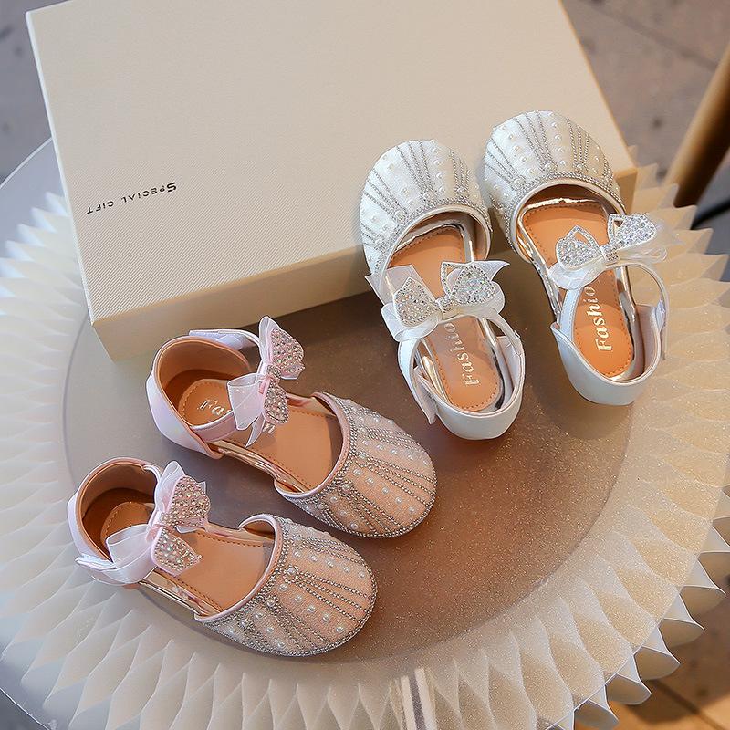 Princess shoes for girls2026Summer new style rhinestone soft-soled non-slip bowknot fashion half-sandals for children with crystals