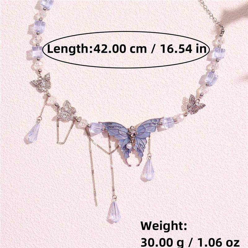 Temperament Rhinestone Butterfly Necklace for Women Girl Elegant Green Crystal Long Tassel Necklace Aesthetic Party Jewelry