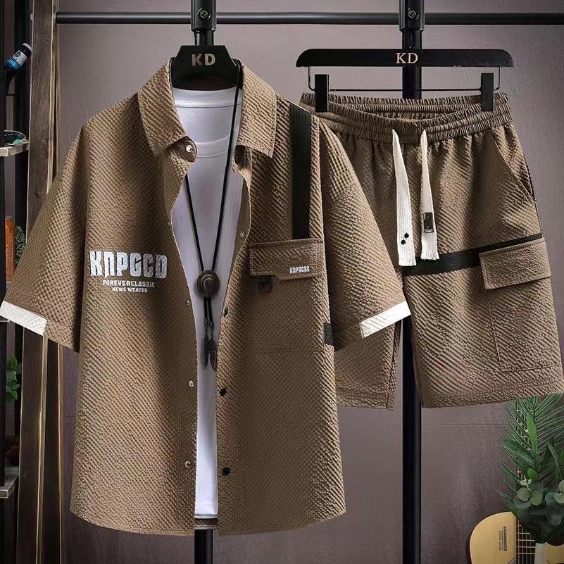 New short-sleeved shirt men s suit trendy casual summer loose one set shirt shorts two-piece set S