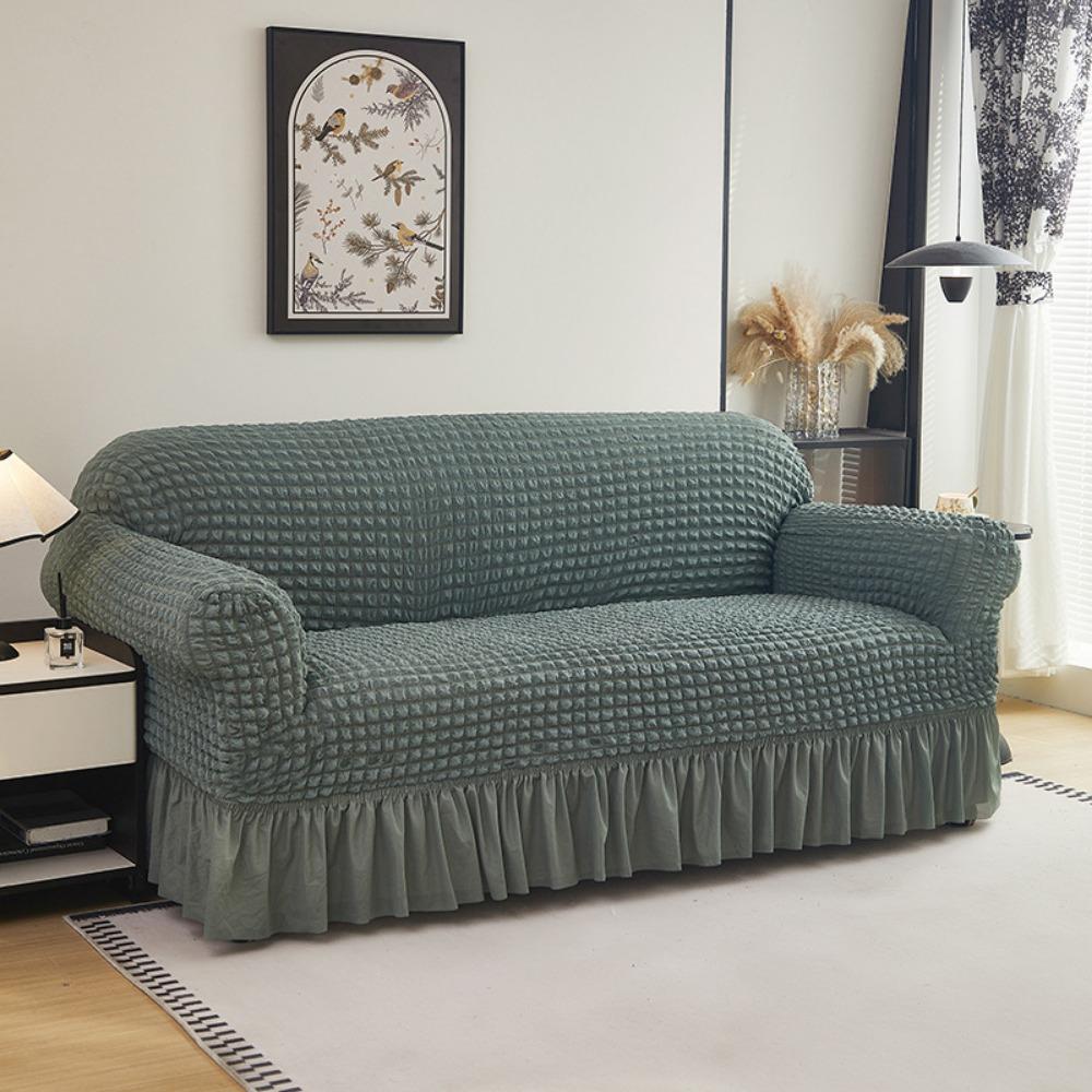 Premium Thick Bubble Gauze Sofa Cover Full Elastic Lace Trim Skirt Design All Season Stretchable