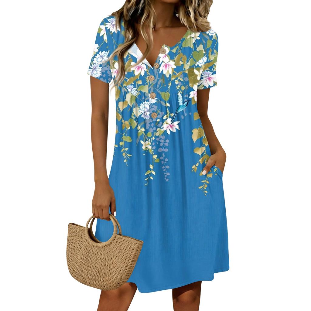 Abito casual da donna vintage a maniche corte con scollo a bottoni e stampa floreale, vestibilità rilassata e fantasia a foglie per l'uso quotidiano