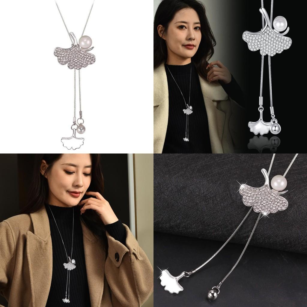 Long Stylish Ginkgo Leaf Sweater Chain Necklace For Women With Charming Detail Pearl