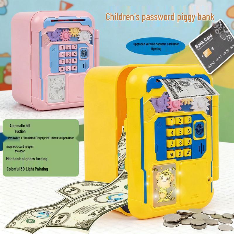 Children’s Mechanical Gear Piggy Bank with Automatic Bill Rolling, Password Lock, Music, and Card Reading Door
