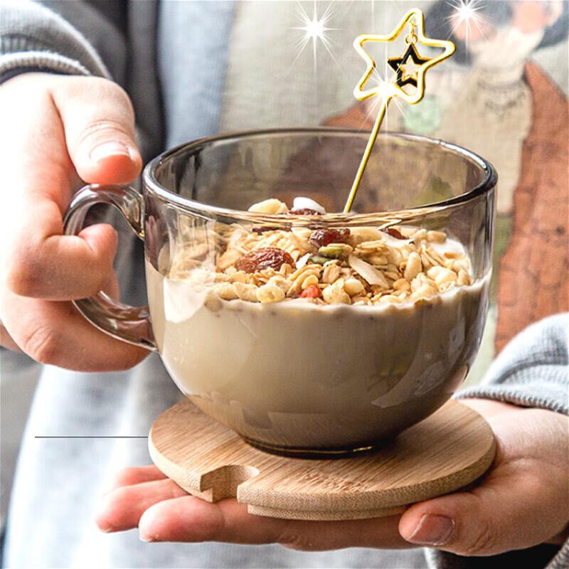 Große japanische Frühstückstasse aus gehärtetem Glas mit Bambusdeckel & Holzlöffel