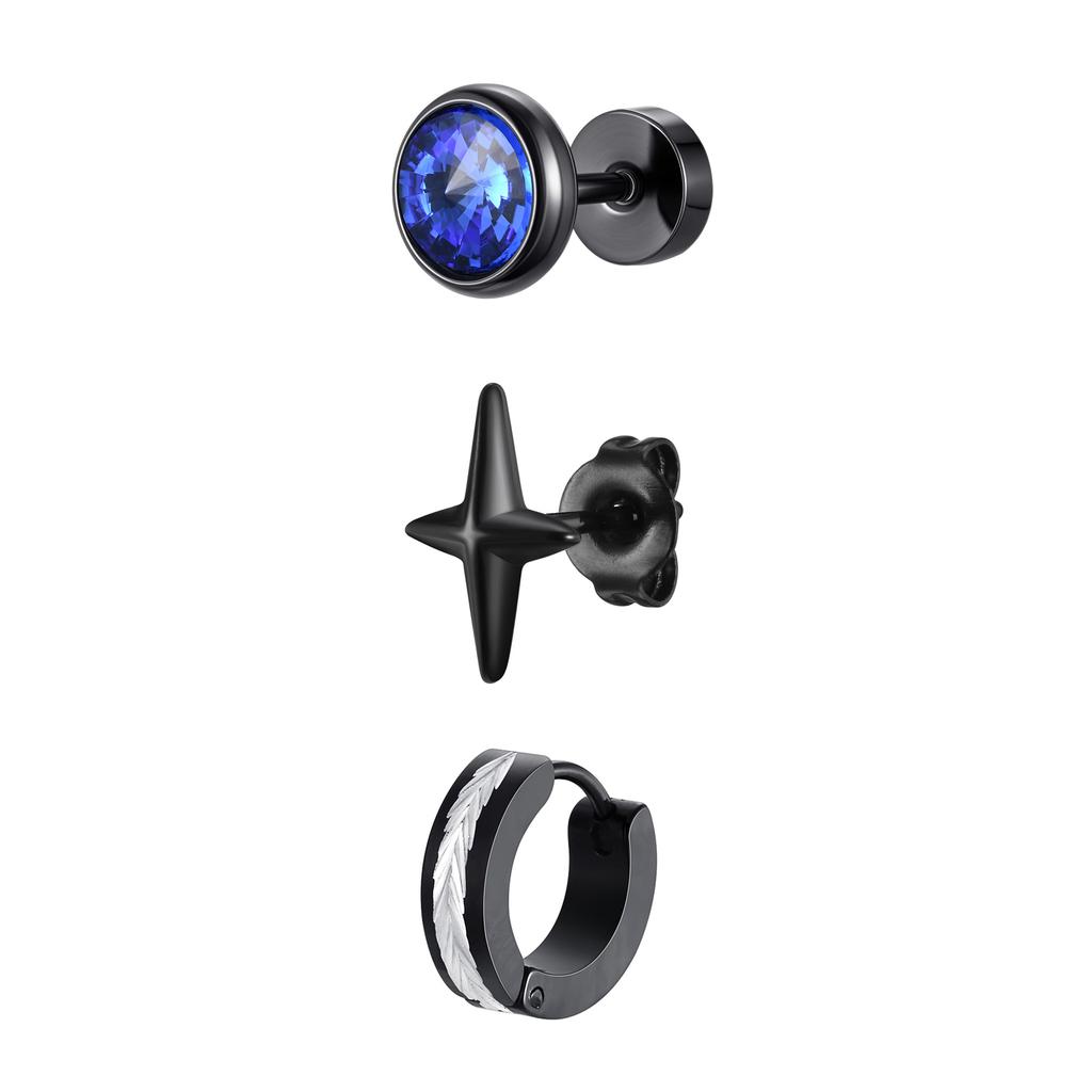3pcs Black Stainless Steel Stud Earrings for Men,Anti Allergy Blue Crystal Zircon Stud Earrings,Piercing Earring Jewelry Set