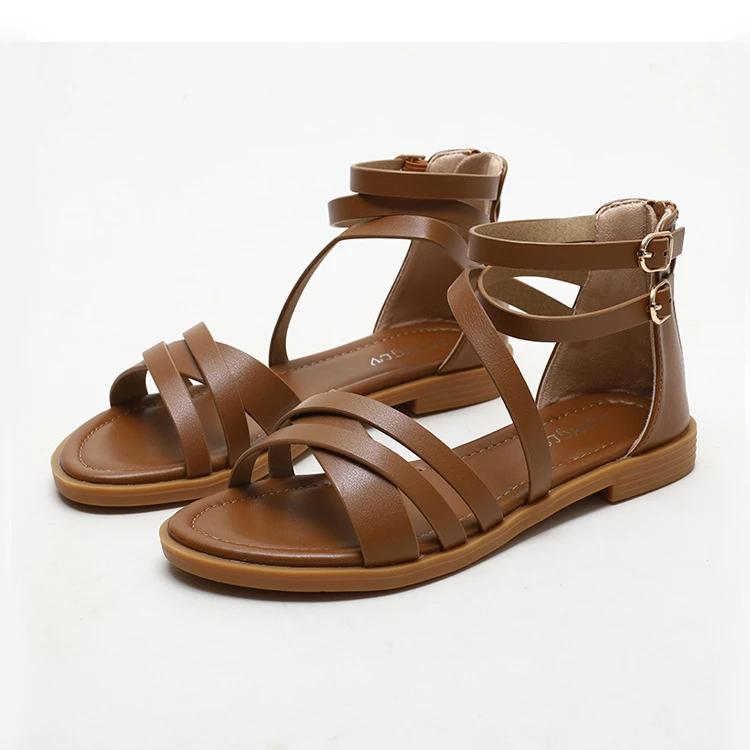 Fashion New Bohemian Style Woven Roman Sandals Women's Summer Casual Flat Bottomed Minimalist Beach Vacation Rivet Thin Band Sandals 42