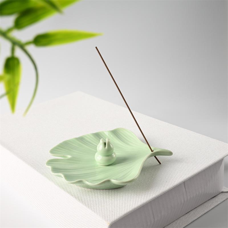 Ceramic Ginkgo Leaf Incense Holder for Sandalwood, Coil, and Line Incense - Indoor Tray and Decorative Plate.