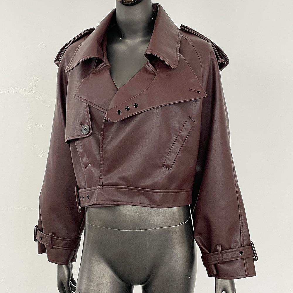 OFTBUY Dámská vintage volná krátká bunda z umělé kůže s páskem na motorku, dámská retro moto bikerská bunda, svrchní prádlo, topy