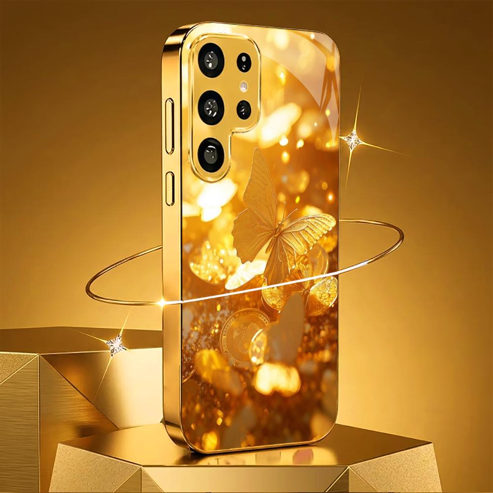 Goldener Schmetterling Glas Handyhülle für Samsung Galaxy S26 S25 S24 S23 S22 FE Ultra Plus Eingebautes Glas Gold Exquisit Wunderschön