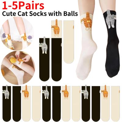 1-5 par søte katte-sokker med baller for kvinner 3D morsomme katte-sokker med lodne baller nyhet dyr crew bomulls-sokk for katte-elskere