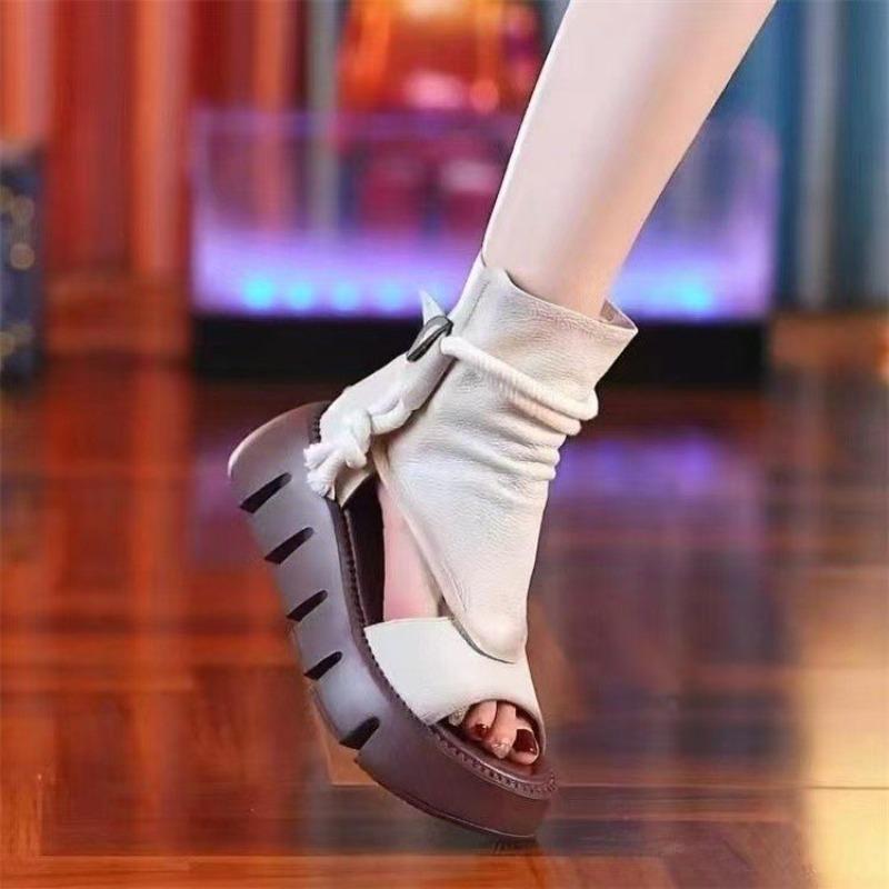 Fashion Womens Shoes 2025 Summer New Hollow Breathable Thin Roman Sandals Fashion Versatile Thick Sole Heightening Cool Boots Women