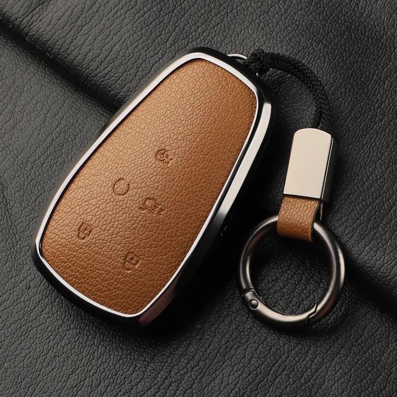 Aluminum Alloy Goatskin Car Key Case Cover For Changan Eado Unit Cs35Plus Cs55Plus Cs75Plus Car Key Protection Shell Accessories