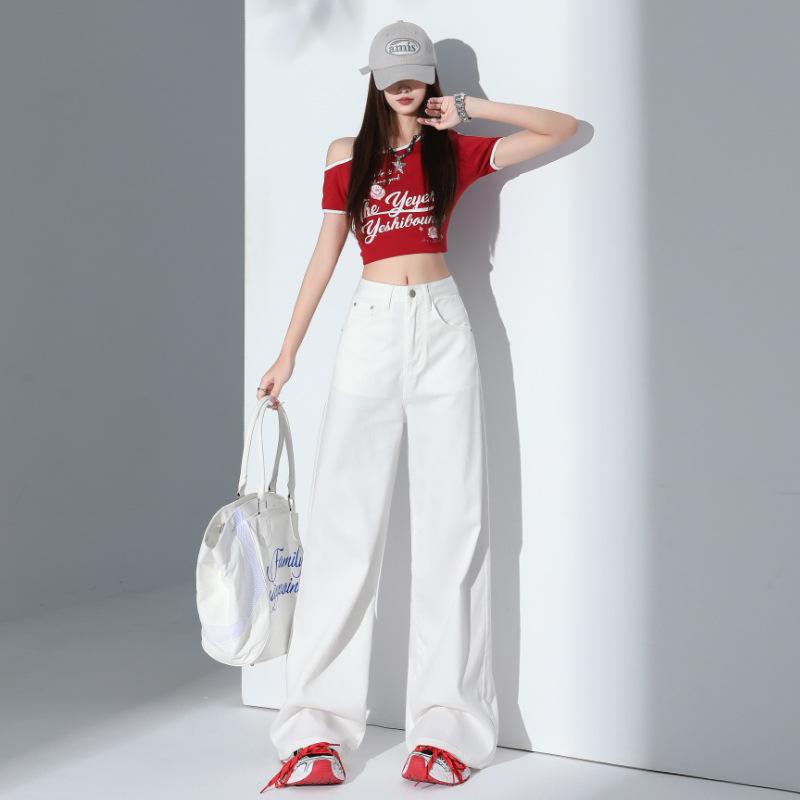 White three-proof Tencel wide-leg jeans women's summer new straight loose high-waisted thin floor pants