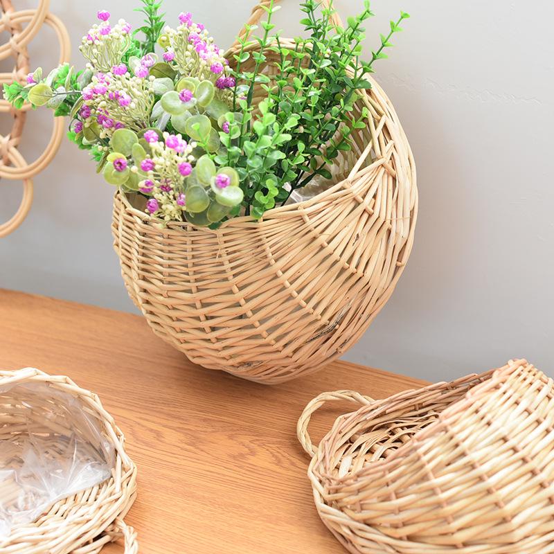 Handmade Rattan and Willow Hanging Basket for Flowers - Blue Pastoral Woven Wall Decor
