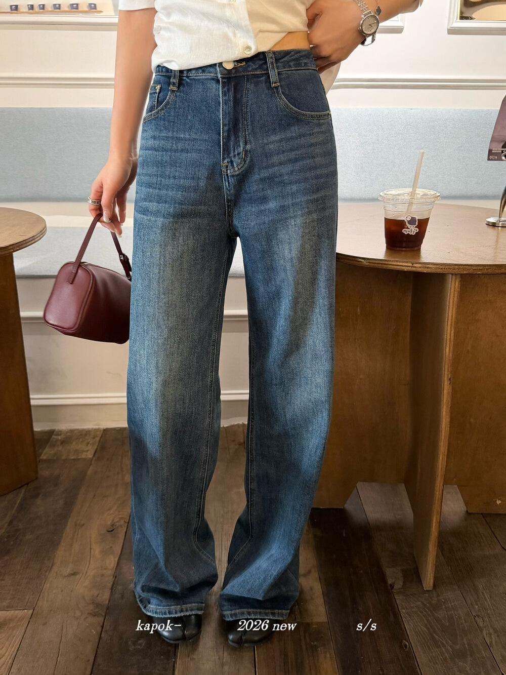 Thirteen Rows 2026 Early Spring Retro Washed Straight Leg Flare Jeans Small синий