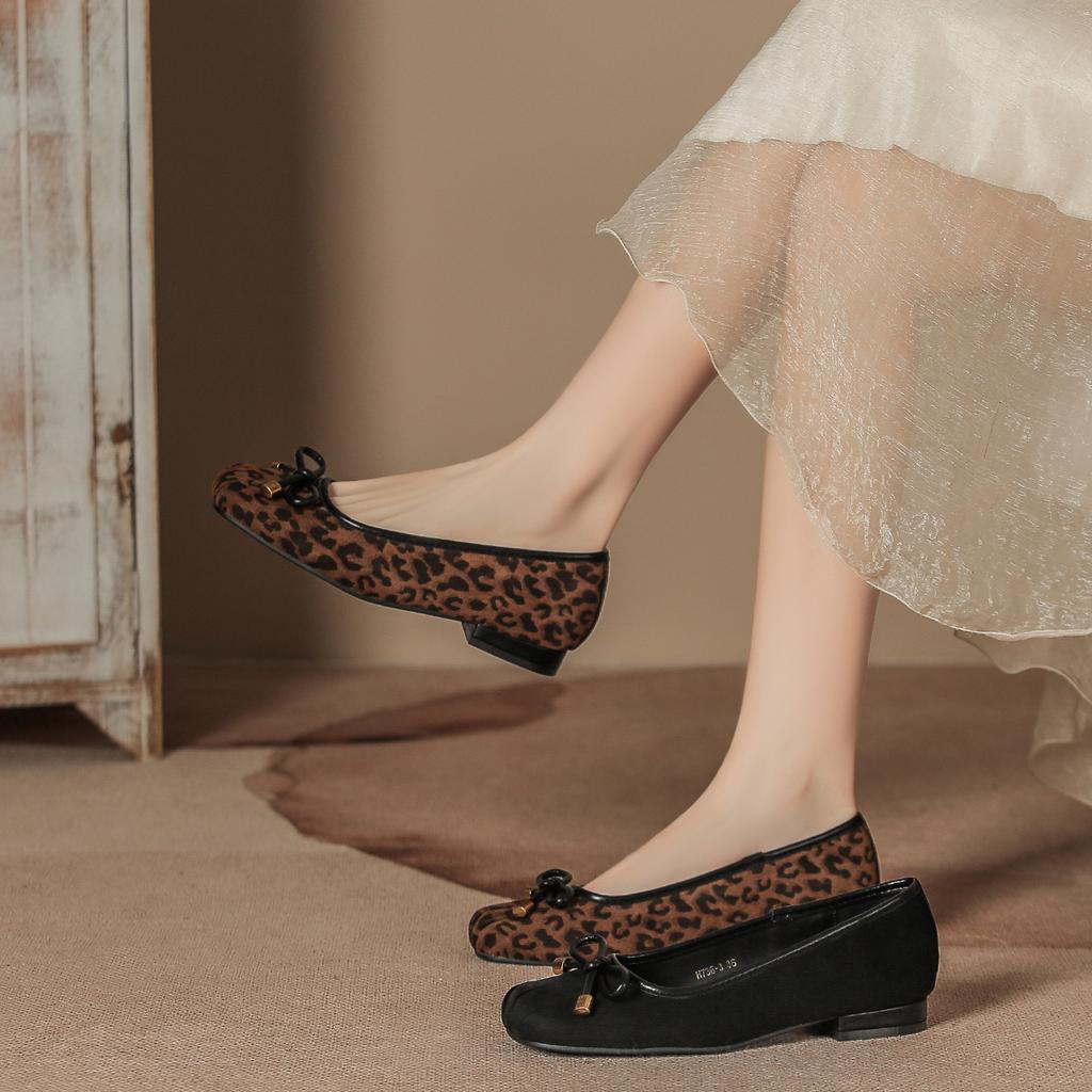 Spring and Autumn Bow Single Shoes Women's Shallow Mouth Square Head Shoes Low Heel Ballet Shoes Leopard Print Soft Sole Fashion Shoes