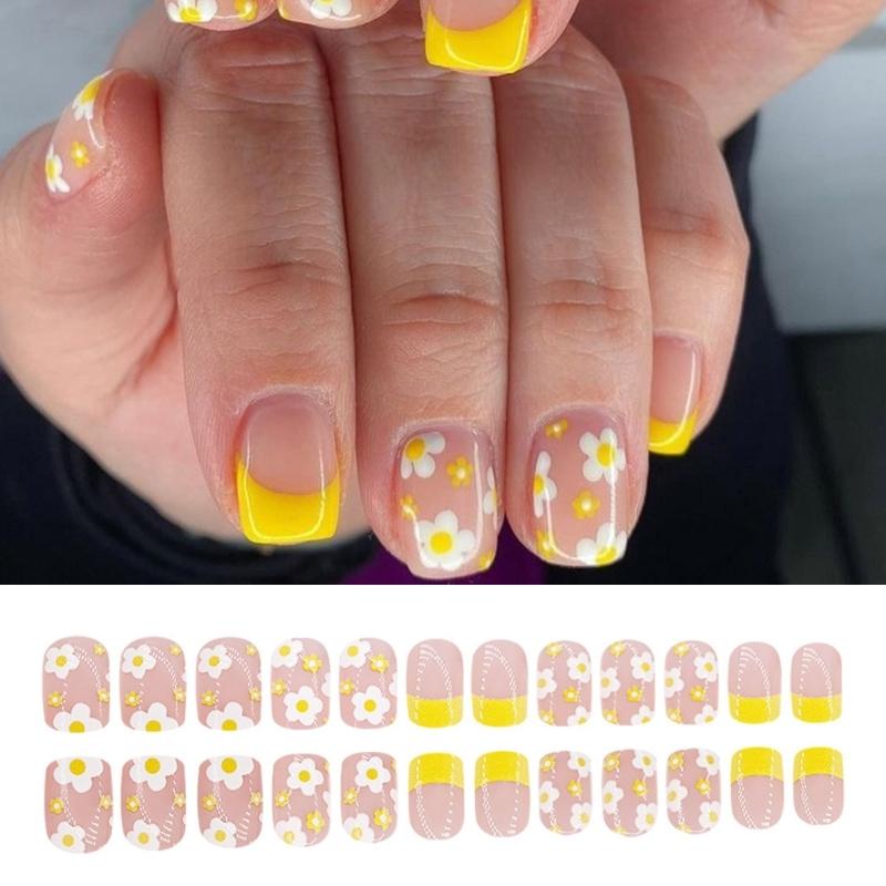24 Stück Kurze Quadratische Falsche Nägel Blumen Künstlicher Nagel French Tip Aufkleben Nagel Glänzend Aufdrücken Nagel für Frau