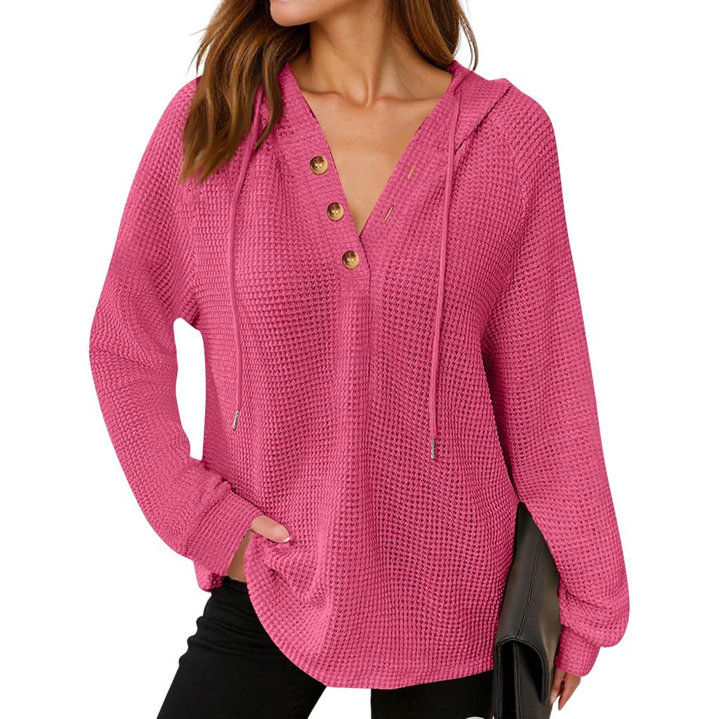 Modă Femei Mânecă Lungă Șnur Glugă Nasturi Decolteu V Hanorac Casual cu Glugă Top