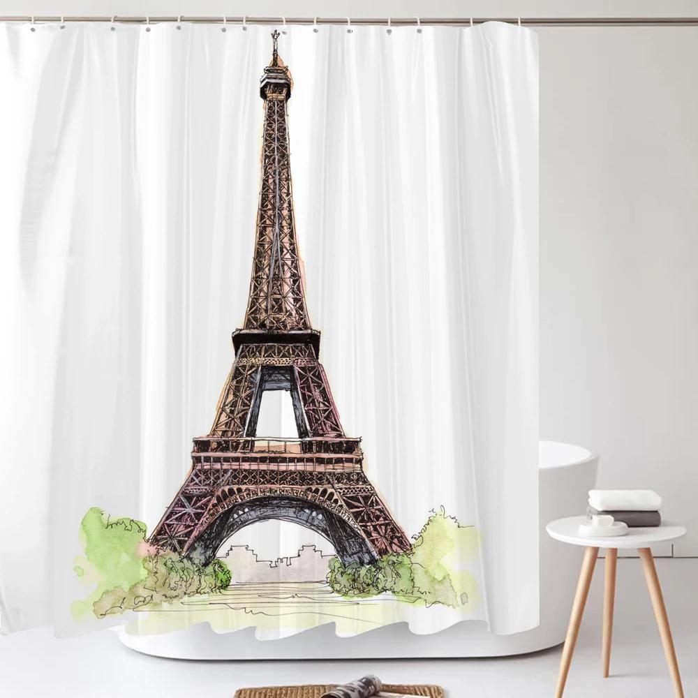 Art Line Drawing Scenery Shower Curtain Waterproof Polyester Bathroom Curtain Room Decor Bathtub Curtain Textured With Hooks