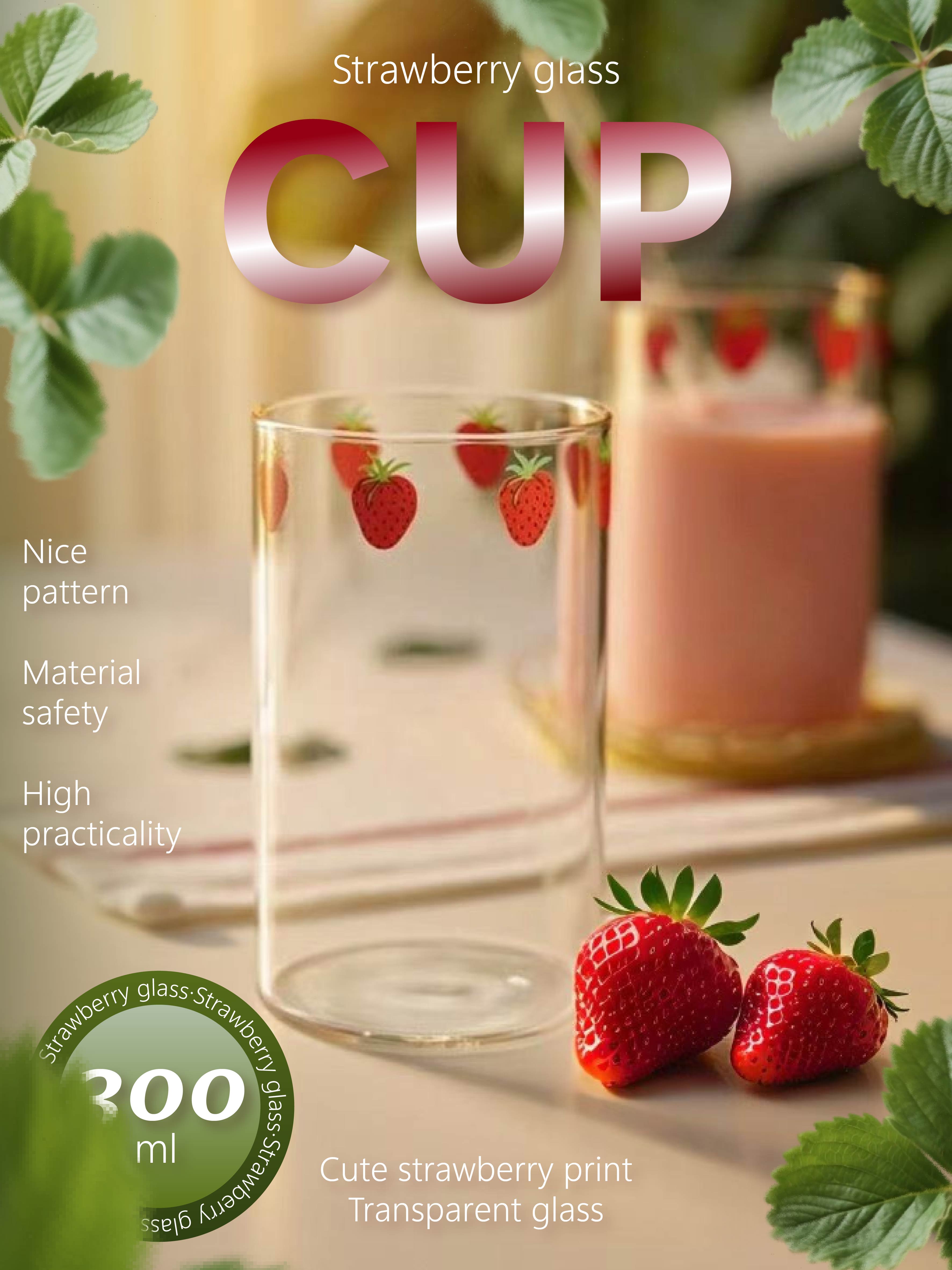 

Cute Strawberry Print Transparent Glass Cup - 300ml Fruit Pattern Drinking Glass for Beverages