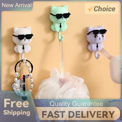 Creative Cartoon Cat Hook Adhesive Cute Cat Key Holder Decorative Hooks for Keys Bag Scarf Hat Towel Hanging Decoration