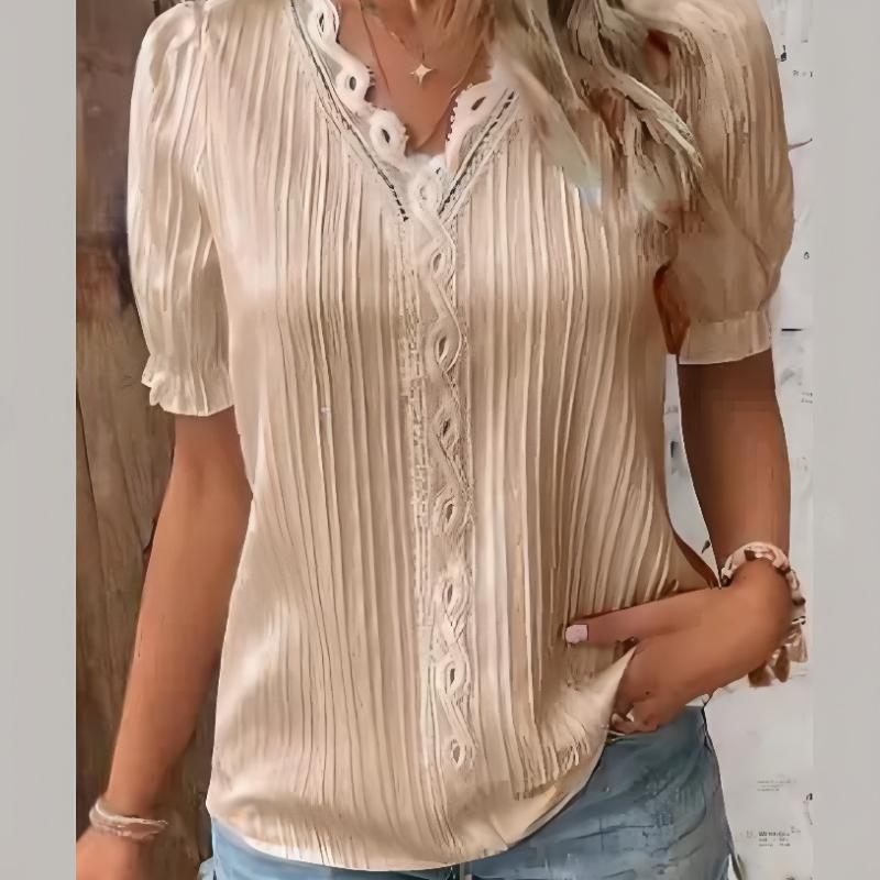 Summer Vacation Fashion Hollow V-neck Lace Short-sleeved Women's Shirt