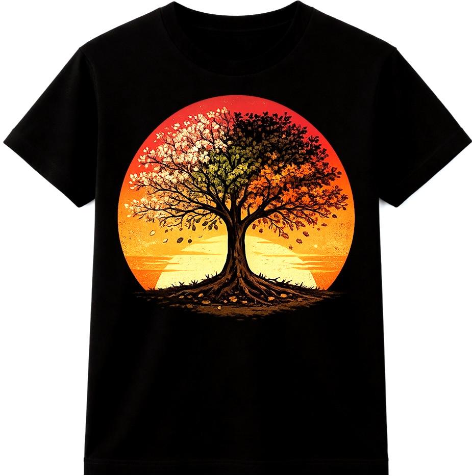Tree Sunset Four Seasons T Shirt Colorful Nature Landscape Graphic Tee S разноцветный