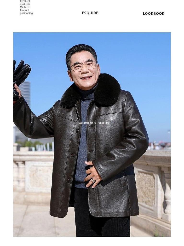 Men's Winter Leather Jacket with Fur Collar: Fleece-Lined, Thick Overcoat for Ages 50-60, Button-Up Style for Warmth.