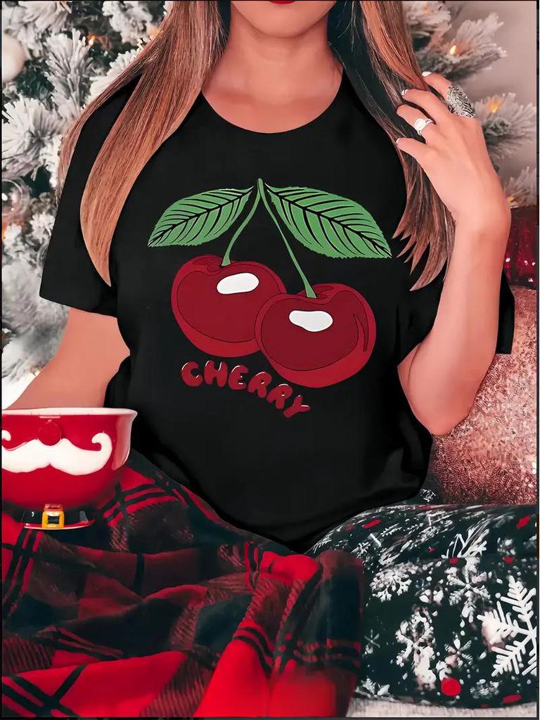 Women's Cherry Print Short-Sleeve Top with Free Shipping