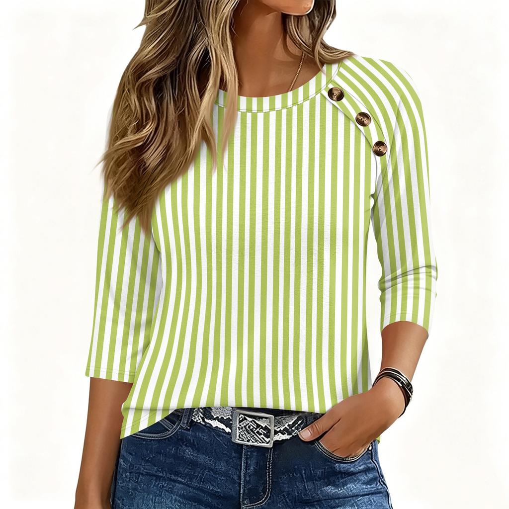 Damen T-Shirt mit 3/4 Ärmeln, Rundhalsausschnitt, Knöpfen, Lässiger Streifenprint, Lockerer Pullover für den täglichen Gebrauch, Büro, Schule, Reisen