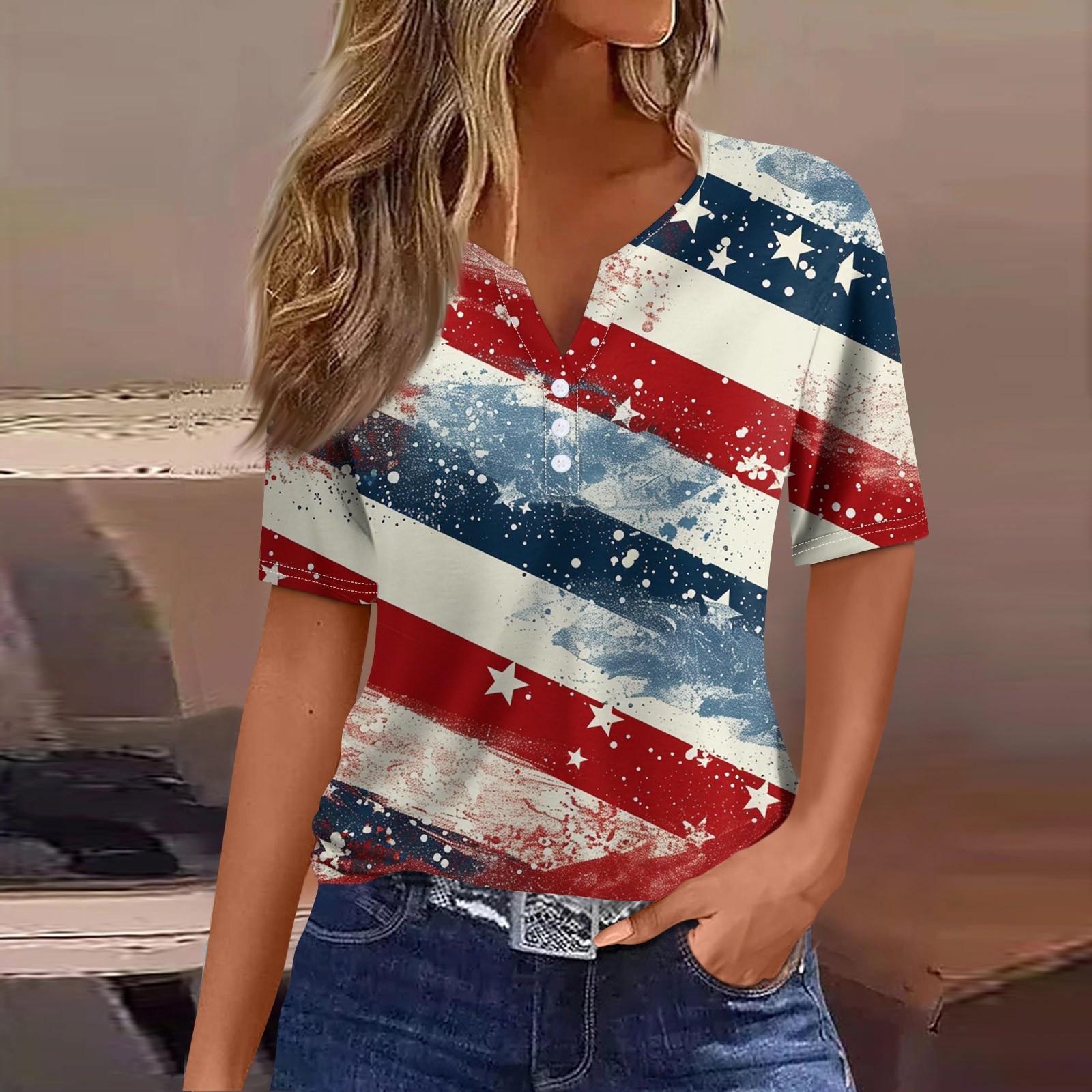 

Жен. Футболка Футболка День независимости С принтом Пуговицы С короткими рукавами Повседневные Выходные Мода Классический Классический V-образный вырез Обычный Топ XL