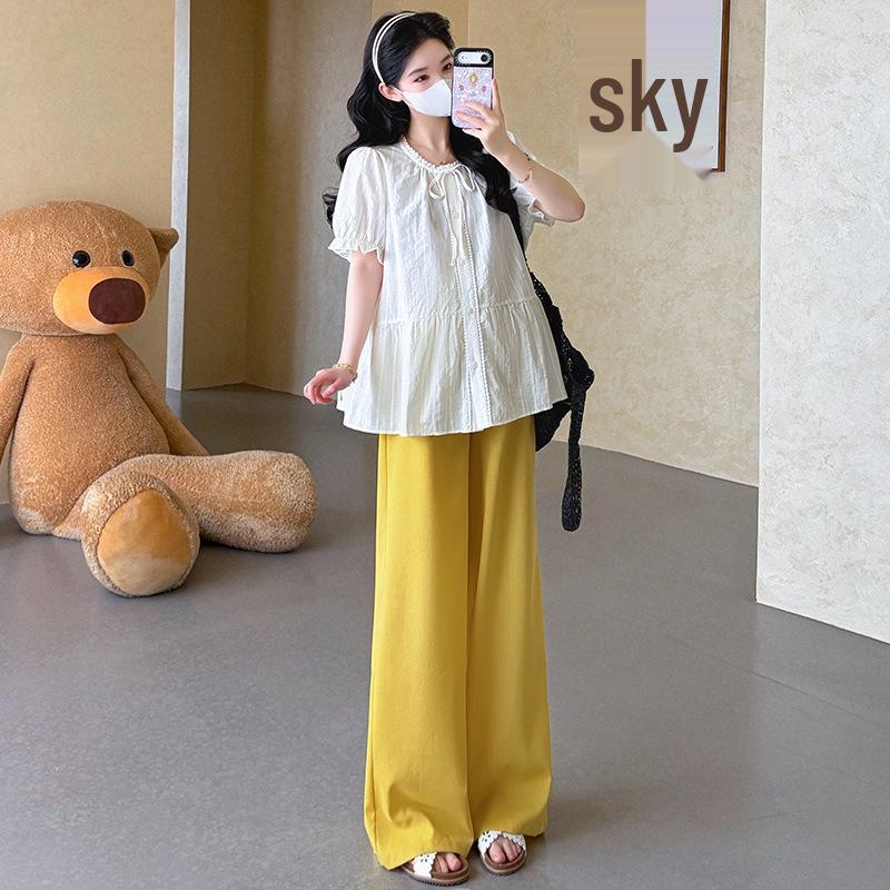 2026 Summer French Sweet Maternity Two-Piece: Round Neck Doll Shirt & Straight-Leg Pants Extra Large
